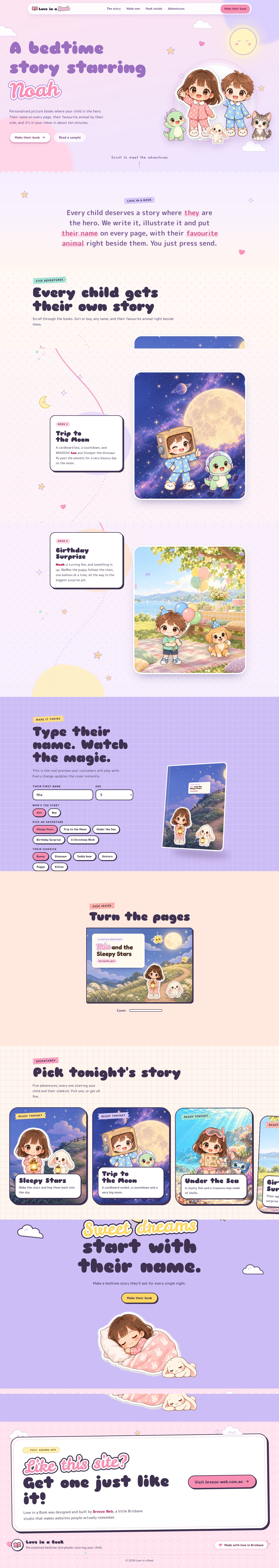 The Love in a Book home page, from top to bottom