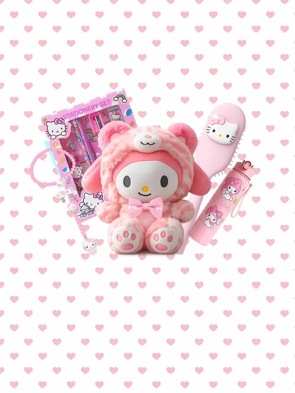Pink plush toy and gift items on the Love in a Box heart pattern