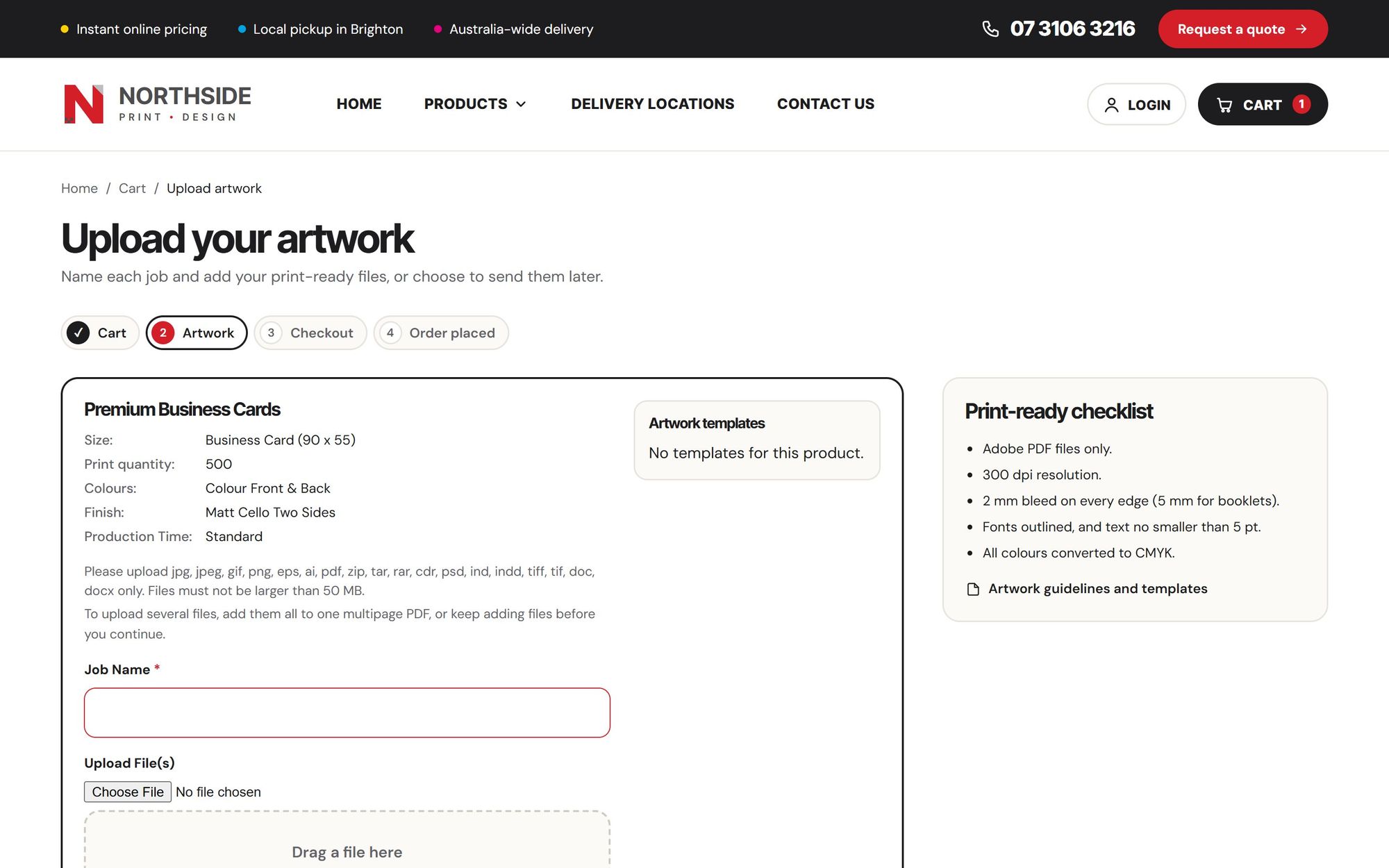 The artwork upload step between cart and checkout