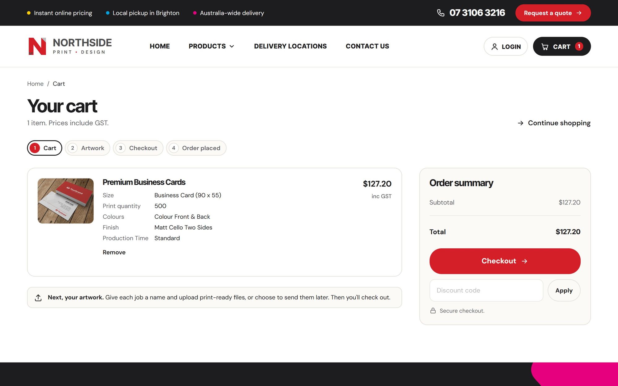 The cart, showing a configured business card job