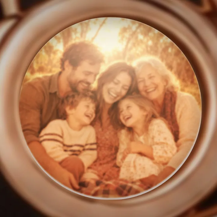 A family photo seen through the pendant's lens