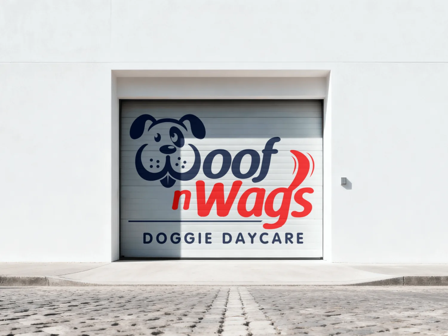 Woof n Wags Doggie Daycare logo painted on a roller door
